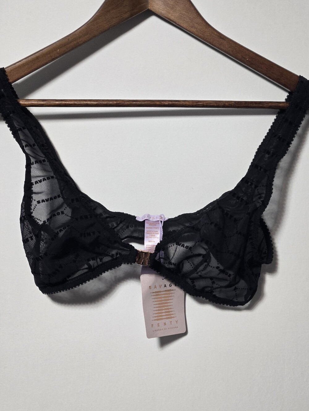 NWT Savage X Fenty Black Sheer Mesh Bralette Medium Logo Print Unlined Bra